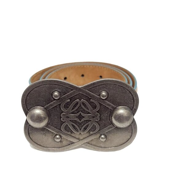 Auth LOEWE - Beige Silver Leather Hardware Belt